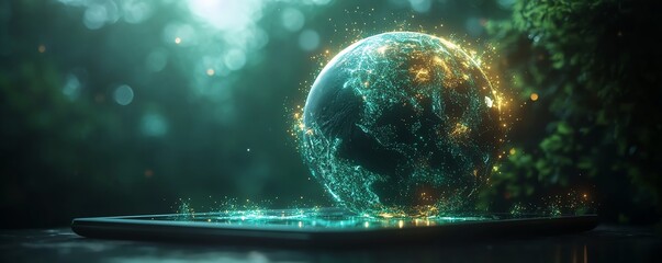 Poster - Tablet with a digital globe and glowing lights, emphasizing global technology and innovation, modern tech design, glowing network, sleek and futuristic, highquality realism