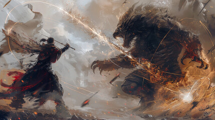Wall Mural - an epic digital painting of a fierce warrior battling a mythical beast, with flashing swords, swirli