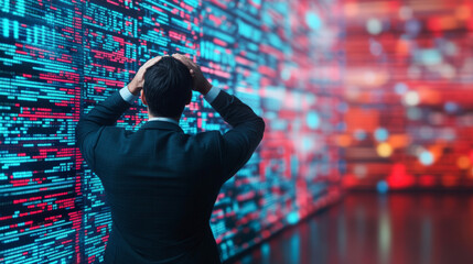 a man in a suit faces an illuminated data wall, holding his head in frustration or contemplation, su