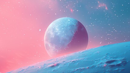 Wall Mural - Pastel planet rising over lunar surface.