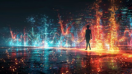Wall Mural - silhouette woman facing fiery cityscape.