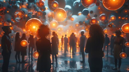 Wall Mural - Silhouetted figures in glowing sphere environment.