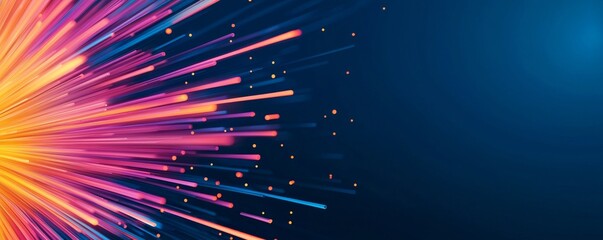 Wall Mural - Fiber optic network cable data, A vibrant burst of colorful light streaks against a dark blue background, creating a dynamic and energetic visual effect.