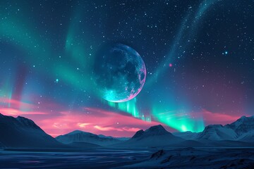 Wall Mural - surreal alien landscape with aurora.