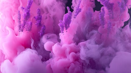 Wall Mural - Intricate plumes of fuchsia pink smoke flowing into gradients of lavender, set against a softly textured matte black canvas.