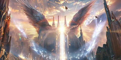 celestial haven of shimmering wings and celestial palaces, bathed in eternal sunlight, 4k video