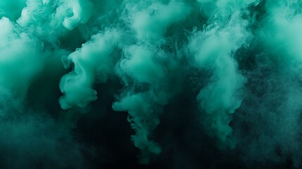 Wall Mural - Intricate plumes of turquoise smoke flowing into gradients of emerald green, set against a softly textured matte black canvas.