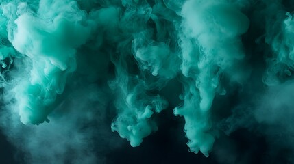 Wall Mural - Intricate plumes of turquoise smoke flowing into gradients of emerald green, set against a softly textured matte black canvas.