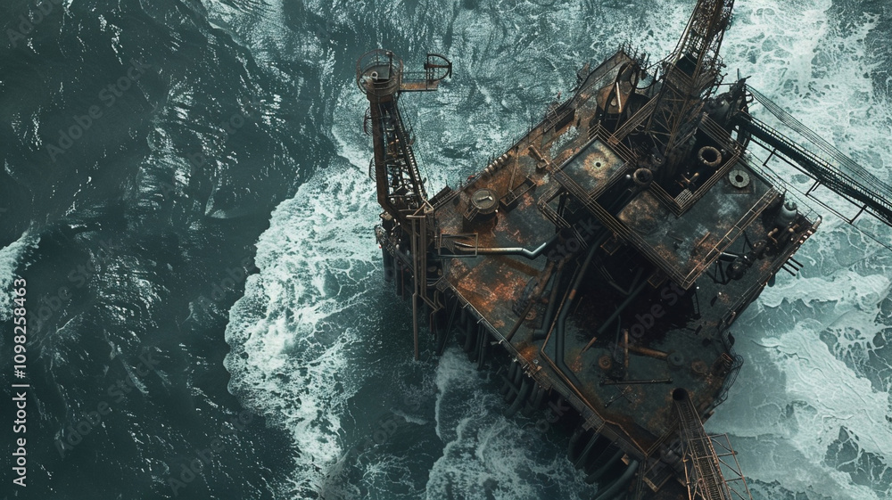Oil Rig in Ocean Leaking Hazardous Liquids: A view of an oil rig with ...