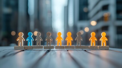Aufkleber - Glowing wooden figures standing atop city structures symbolizing the harmony and synergy of diverse individuals coming together to form a united innovative workforce driving progress and success