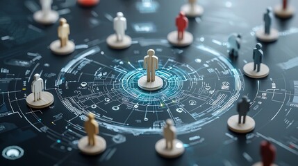 Fototapete - Wooden Figures Radiating Light Aligned on Top of Futuristic Buildings Symbolizing the Value of Unity and Diversity in Professional Teams and the Potential for Innovation and Growth Through