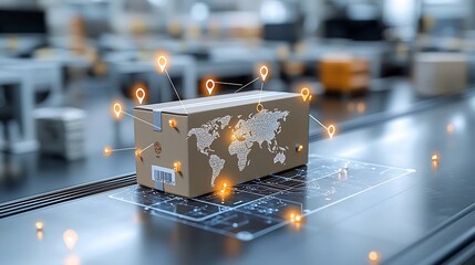 Fototapete - Glowing shipping box with world map design resting on an illuminated rail surrounded by pin shaped nodes forming a futuristic global network