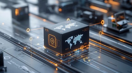 Fototapete - Luminous world map design printed on a shipping box placed on a high tech rail connected by glowing pin nodes symbolizing a digital global transportation and communication network