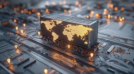 Poster - Glowing Futuristic World Map Shipping Box Resting Atop a Dynamic Rail Network Surrounded by Bright Pin Shaped Nodes Symbolizing International Logistics and Global Connectivity