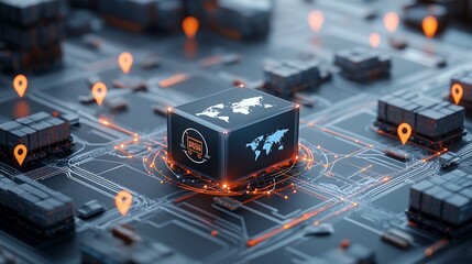 Poster - Glowing World Map Shipping Box Atop Rail Network with Bright Connectivity Nodes Symbolizing International Logistics and Global Trade Connectivity