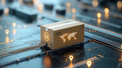 Fototapete - Glowing Global Logistics A Futuristic Shipping Box on Smart Network Rails Symbolizing International Commerce and Digital Connectivity