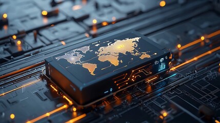 Poster - Futuristic shipping box featuring a glowing world map design placed on a sleek rail illuminated by interconnected pin nodes showcasing innovative transportation and logistics technology