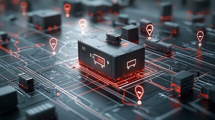 Aufkleber - Radiant shipping box resting on a futuristic rail system with pin shaped nodes glowing in a connected pattern representing a global transport and logistics visualization concept
