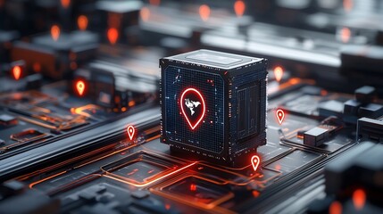 Poster - Sleek and modern shipping box resting on a digital logistics network with a vibrant glowing world map and pin shaped nodes