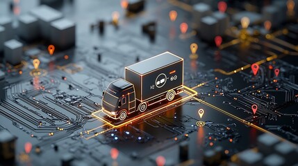 Aufkleber - Futuristic logistics concept showcasing a glowing shipping box moving across a vibrant rail system with a seamless network of pin nodes representing the future of connected automated