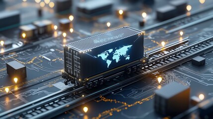 Fototapete - Futuristic Glowing Shipping Box with World Map Design on a Radiant Rail Network Connected by Pin Shaped Nodes Symbolizing the Future of Global Trade and Logistics