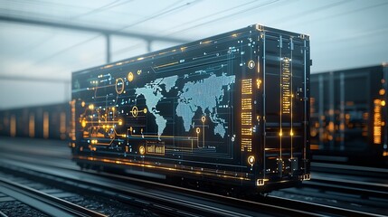 Fototapete - A futuristic glowing shipping box with a world map design symbolizing global trade and connectivity displayed on a rail network with radiant pin shaped nodes