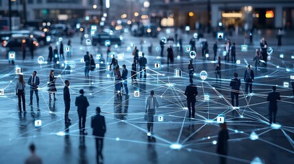 Aufkleber - Silhouetted business people interconnected with bright dots and lines creating a dynamic web of communication and connection representing the digital world of technology corporate partnership