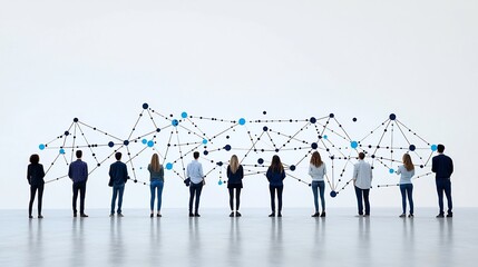 Fototapete - Silhouetted teamwork figures standing connected by bright network links and dots emphasizing and diversity in professional settings