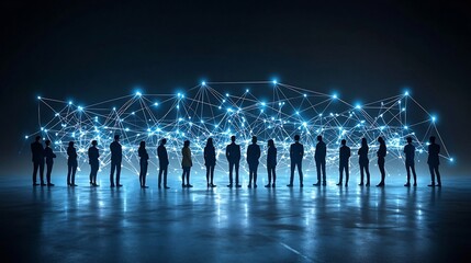 Fototapete - A team of silhouette figures connected by a bright network of links and dots emphasizing the concepts of professional in a digital or corporate environment