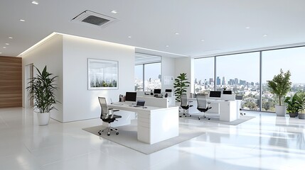 Leinwandbilder - Sleek and minimalistic modern office interior with multiple laptops on clean desks large windows showcasing a city skyline view and a stylish 3D design aesthetic