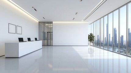 Aufkleber - A sleek and contemporary 3D rendered office space with pristine white walls laptops on stylish desks and bright windows showcasing a dynamic city skyline in the background