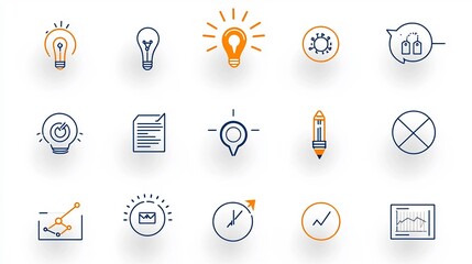 Poster - A contemporary icon set featuring thin line depicting various elements of project optimization task management and achieving organizational goals  The icons convey a sense of efficiency productivity