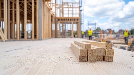 Poster - Closeup view of the wooden skeletal frame and timber support beams during the construction of a modern house  The intricate framework and detailed timber elements are showcased in this image