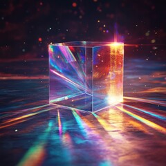 Wall Mural - A glass cube refracts light into a colorful spectrum on a dark background.