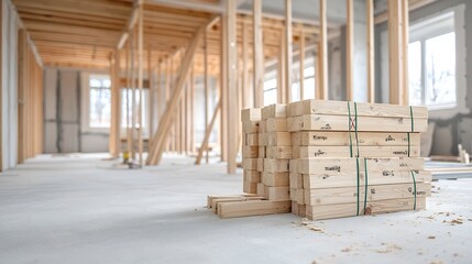 Poster - Close up perspective of the detailed timber support beams and wooden skeletal frame at a modern house construction site showcasing the architecture engineering