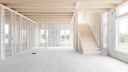 Poster - Close up view of the intricate timber frame and structural beams forming the wooden skeleton of a modern house under construction