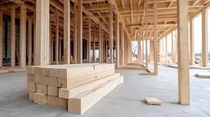 Poster - Close up view of the detailed timber beams and wooden frame structure of a house under construction in a clean modern environment