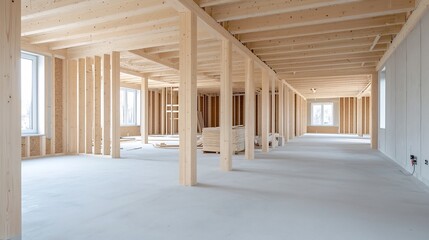 Poster - Close up view of intricate timber beams and wooden frame structure of a house under construction in a clean contemporary environment