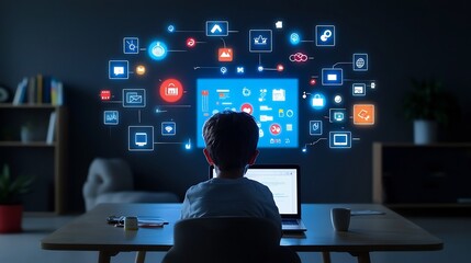 Aufkleber - Innovative Online Learning Environment with Child Sitting in Front of a Floating Laptop Screen Glowing with Vibrant Icons and Surrounded by Dark Wood Shelves