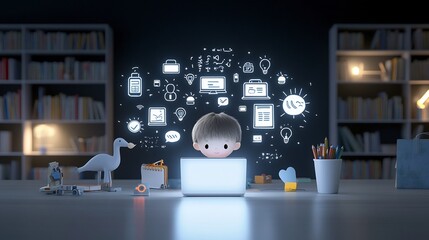 Poster - Engaging cartoon of a child focused on a glowing laptop with educational icons surrounded by a library like dark wooden interior setting