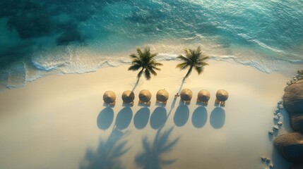 Sticker - Aerial view of a tropical beach with palm trees and beach chairs.