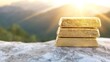 © pattaphorn - Three gold bars gleam atop a stone, illuminated by a warm sunrise, set against a backdrop of rolling hills.
