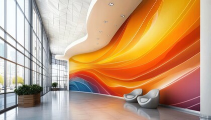 Canvas Print - A modern, minimalist office lobby features a large, abstract wall mural with flowing lines and vibrant colors.