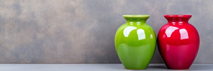 Sticker - Glossy ceramic vases in vibrant green and deep burgundy on a textured taupe surface