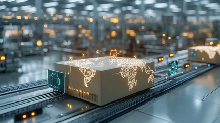 Fototapete - Glowing world map pattern adorning a delivery box traveling on a conveyor belt surrounded by a futuristic network of illuminated nodes in the background