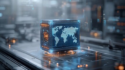 Fototapete - Innovative high tech delivery box with a glowing global map graphic moving on a conveyor belt under a digital network system