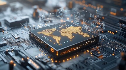 Aufkleber - High tech delivery box equipped with a glowing global map graphic seamlessly moving on a conveyor belt under a sleek digital network showcasing the future of automated and connected logistics