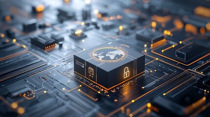 Fototapete - Futuristic Delivery Box Designed with a Glowing Map Placed on a Moving Conveyor Belt Amidst Illuminated Network Connections Representing the Technology and Logistics of Shipping and Transportation