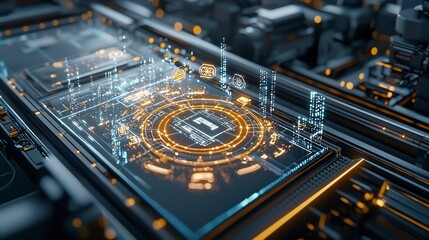 Fototapete - Glowing digital map graphic representing a modern transportation network printed on the surface of a package moving along a conveyor belt