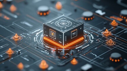 Fototapete - Innovative futuristic transportation concept featuring a glowing delivery box surrounded by a network of illuminated nodes along a conveyor belt system